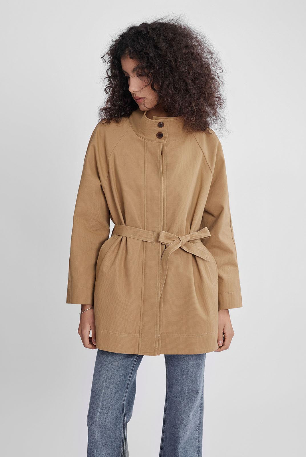 ASOBIO Stand Collar Belted Trench Coat