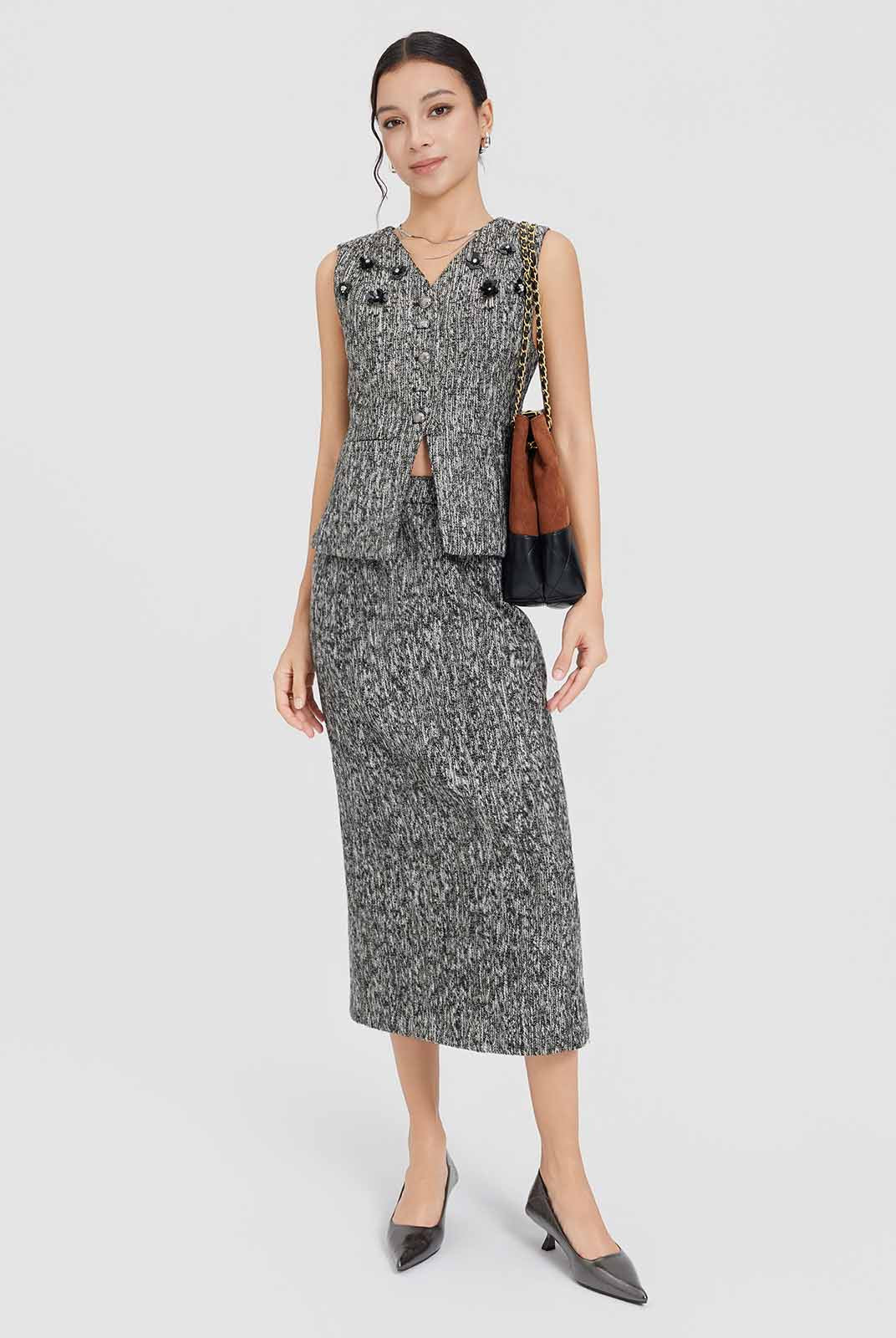ASOBIO Tweed High-Waist Midi Skirt