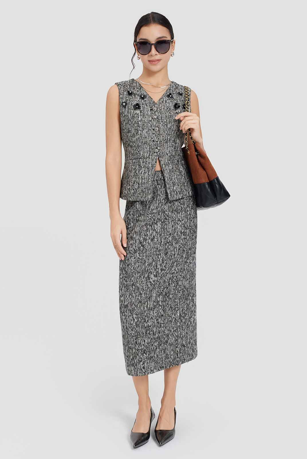 ASOBIO Tweed High-Waist Midi Skirt