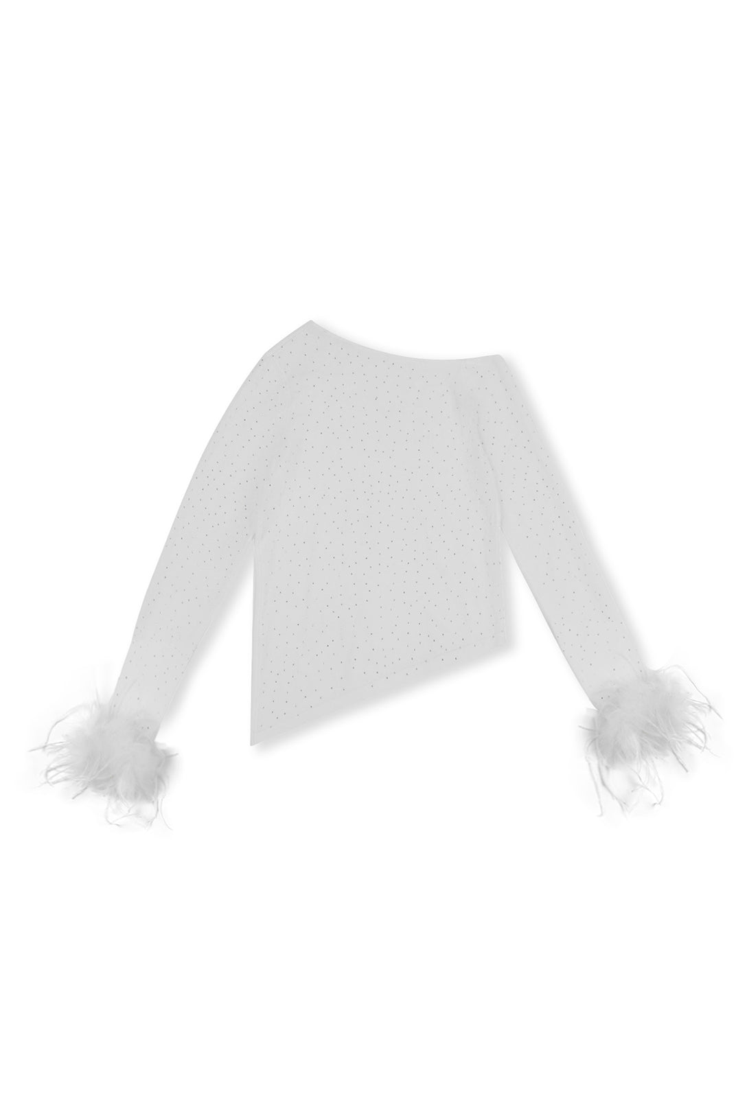 ASOBIO One-Shoulder Crystal Knit Sweater with Feather Cuffs