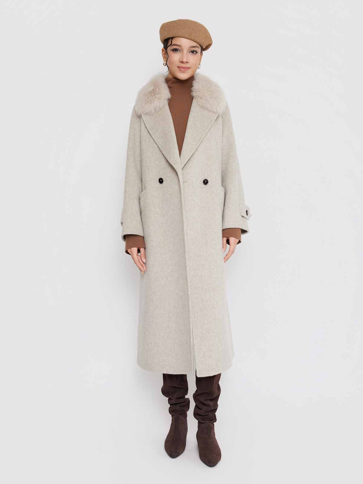 ASOBIO Wool Coat with Detachable Fox Fur Collar