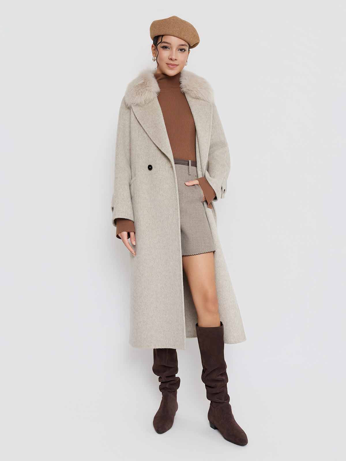 ASOBIO Wool Coat with Detachable Fox Fur Collar