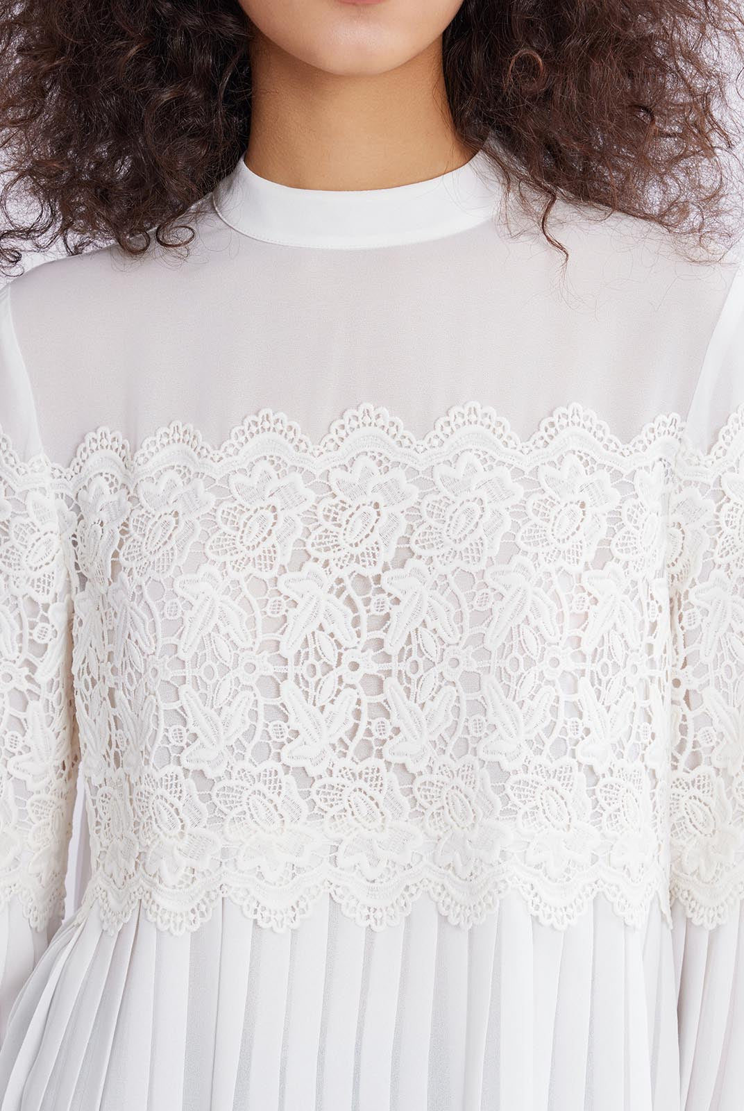 ASOBIO Pleated Chiffon Lace-Panel Blouse