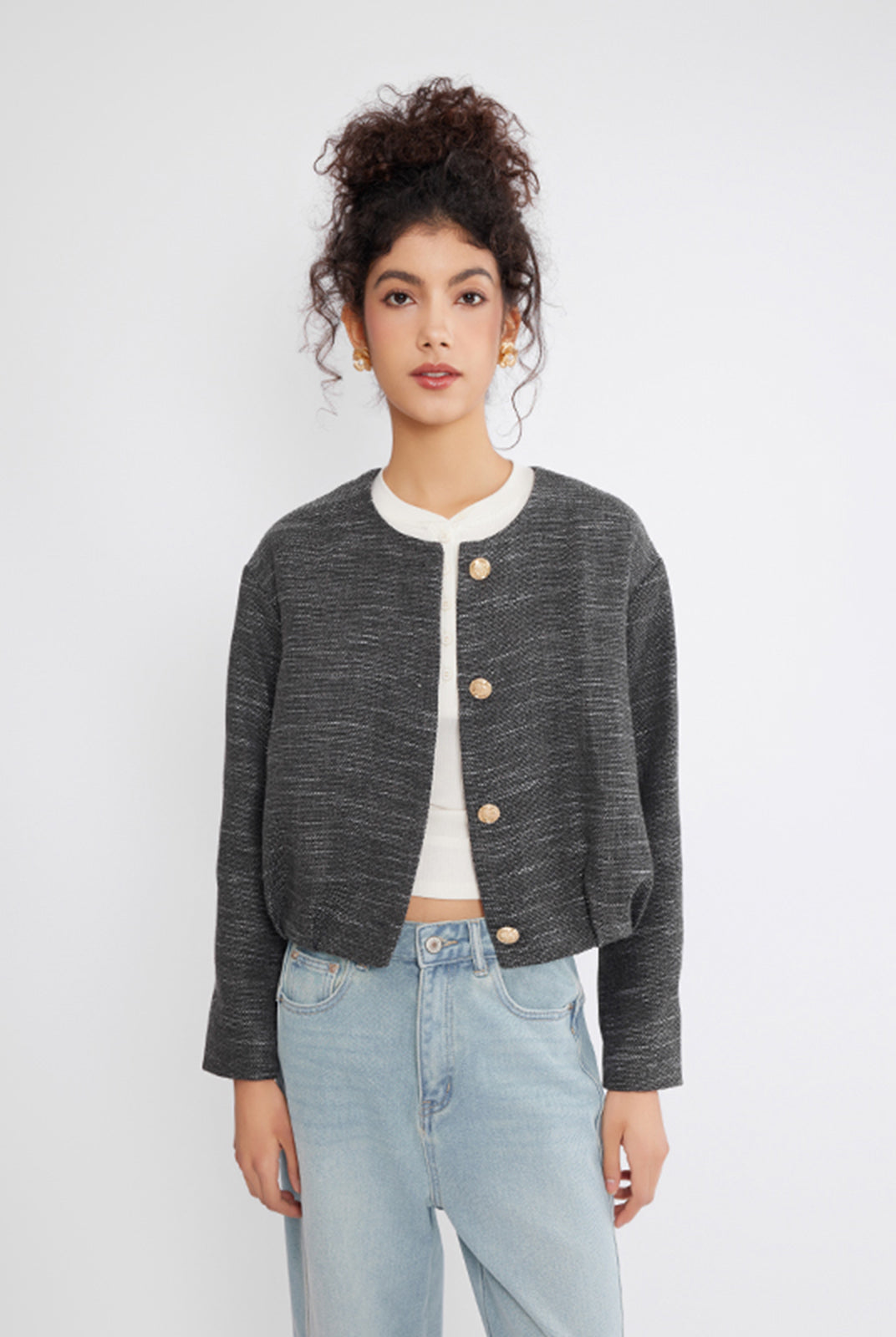 ASOBIO Cropped Tweed Jacket with Pleated Hem