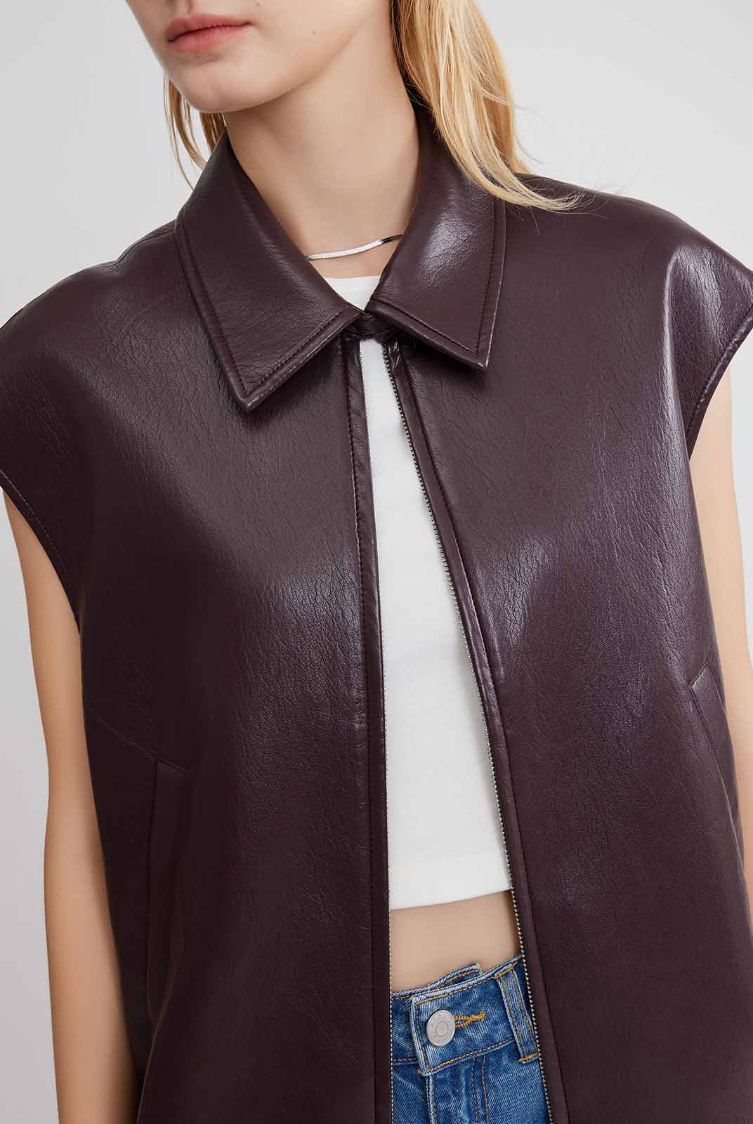 ASOBIO Faux Leather Collared Vest