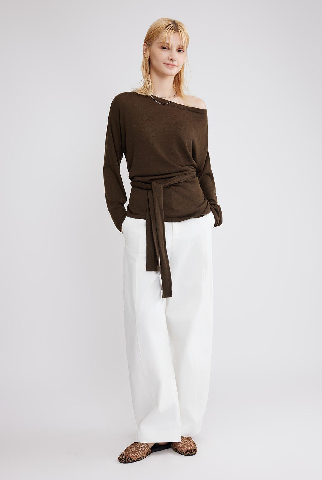 ASOBIO Wool Blend Wide Neck Knit Top