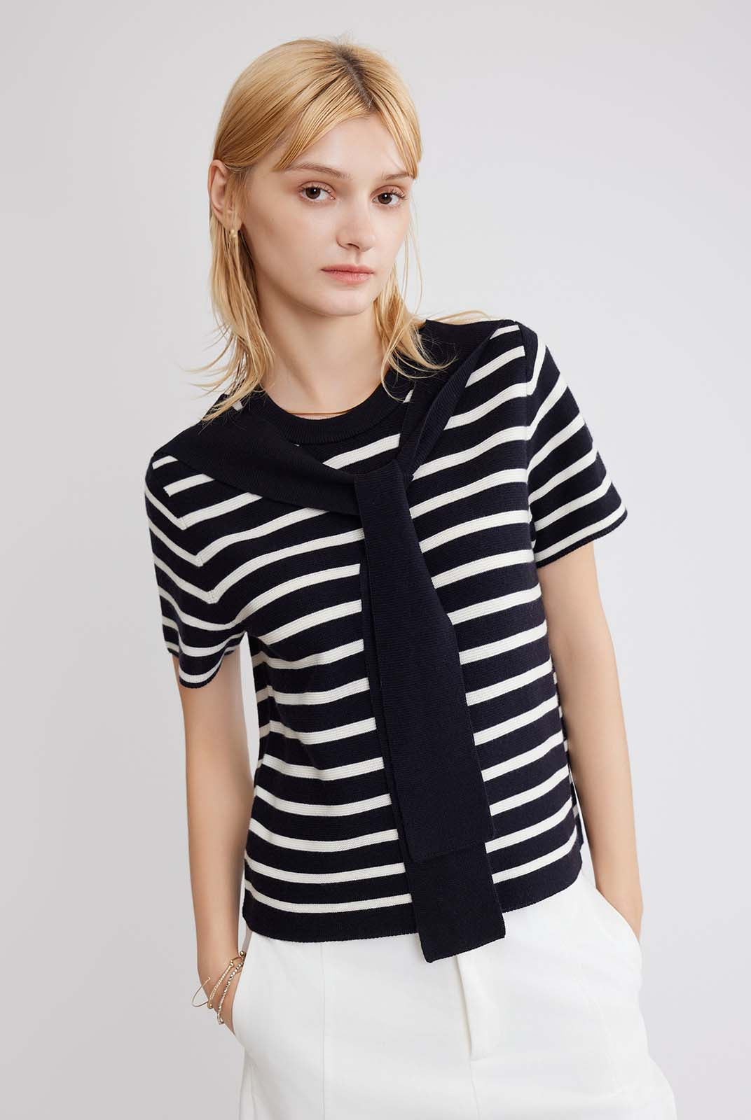 ASOBIO Wool Blend Striped Knit Top with Scarf Detail