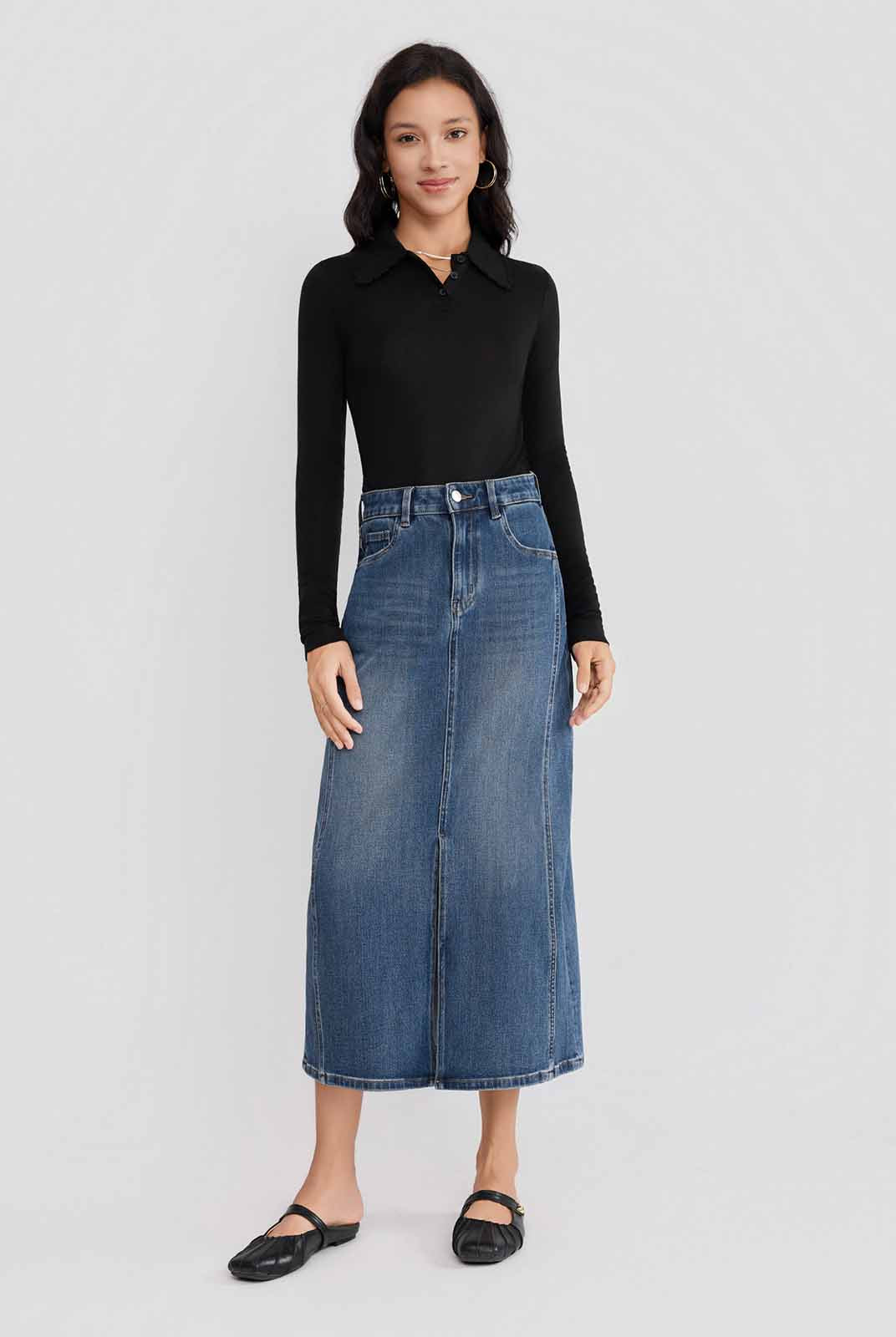 ASOBIO Stretch Denim Slit Midi Skirt