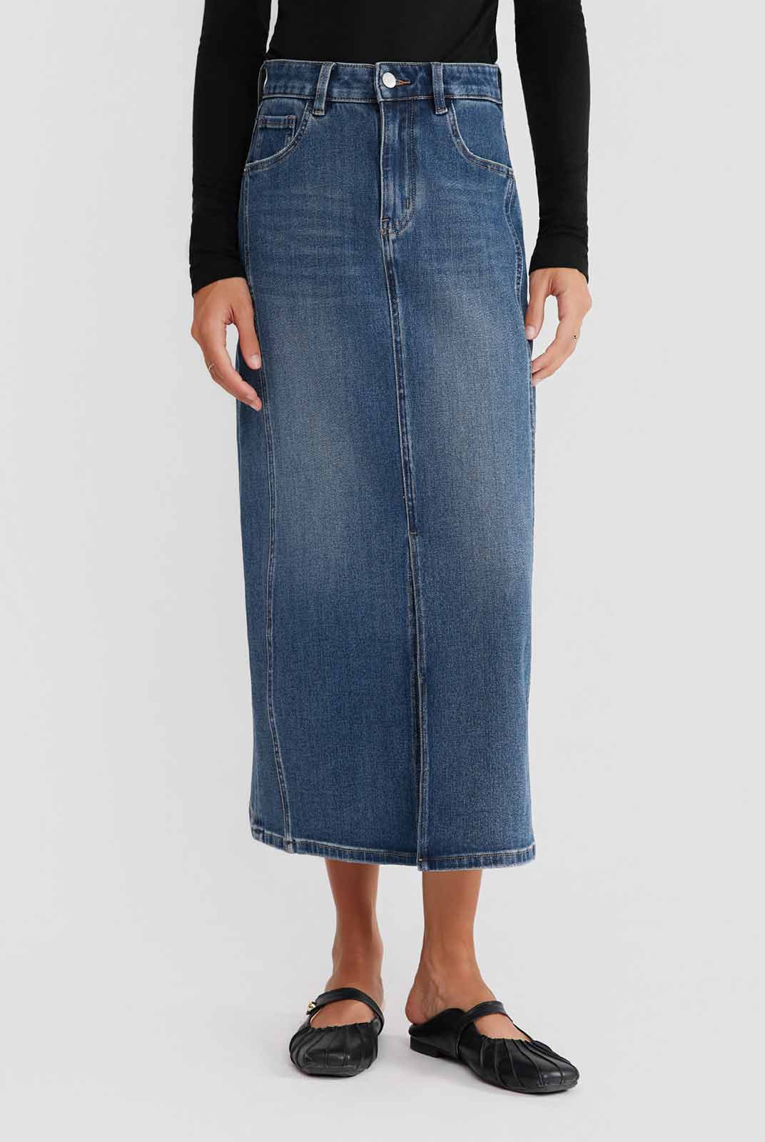 ASOBIO Stretch Denim Slit Midi Skirt