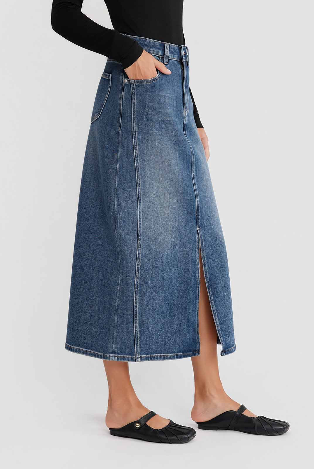 ASOBIO Stretch Denim Slit Midi Skirt