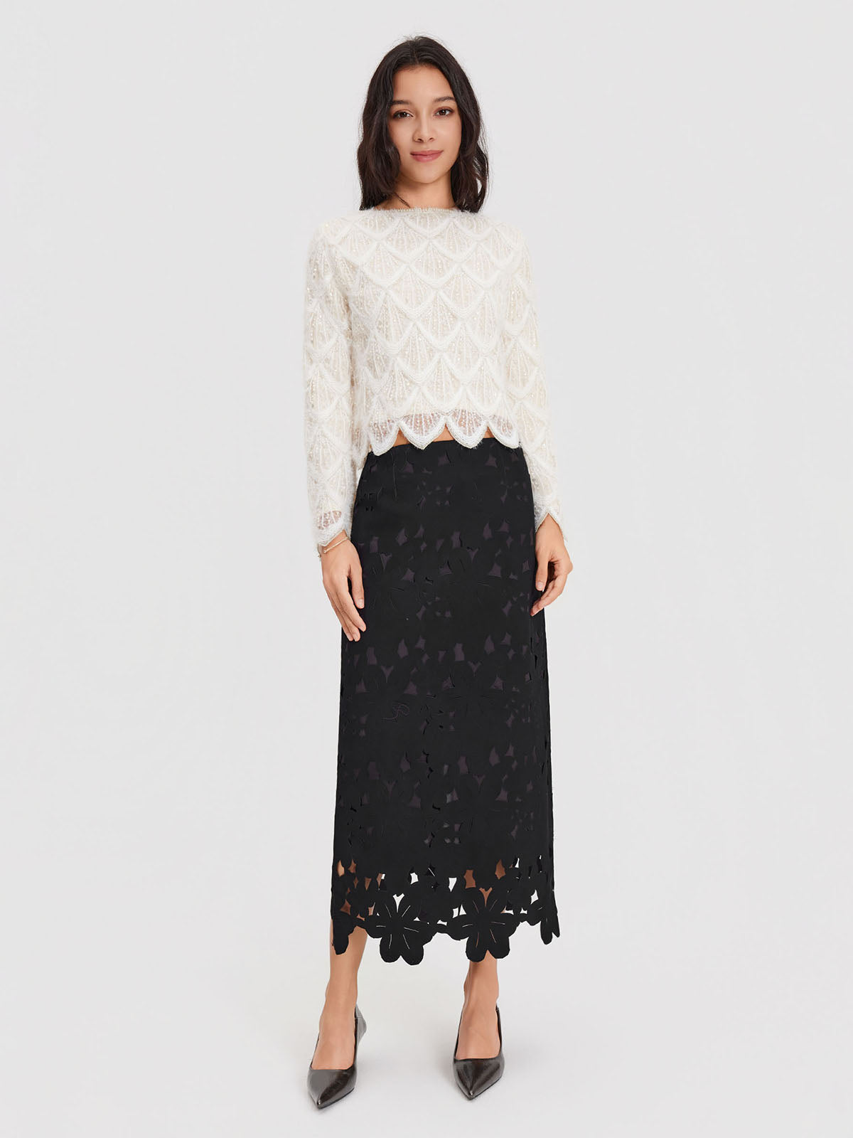 ASOBIO Feather-Trim Knit Cropped Sweater