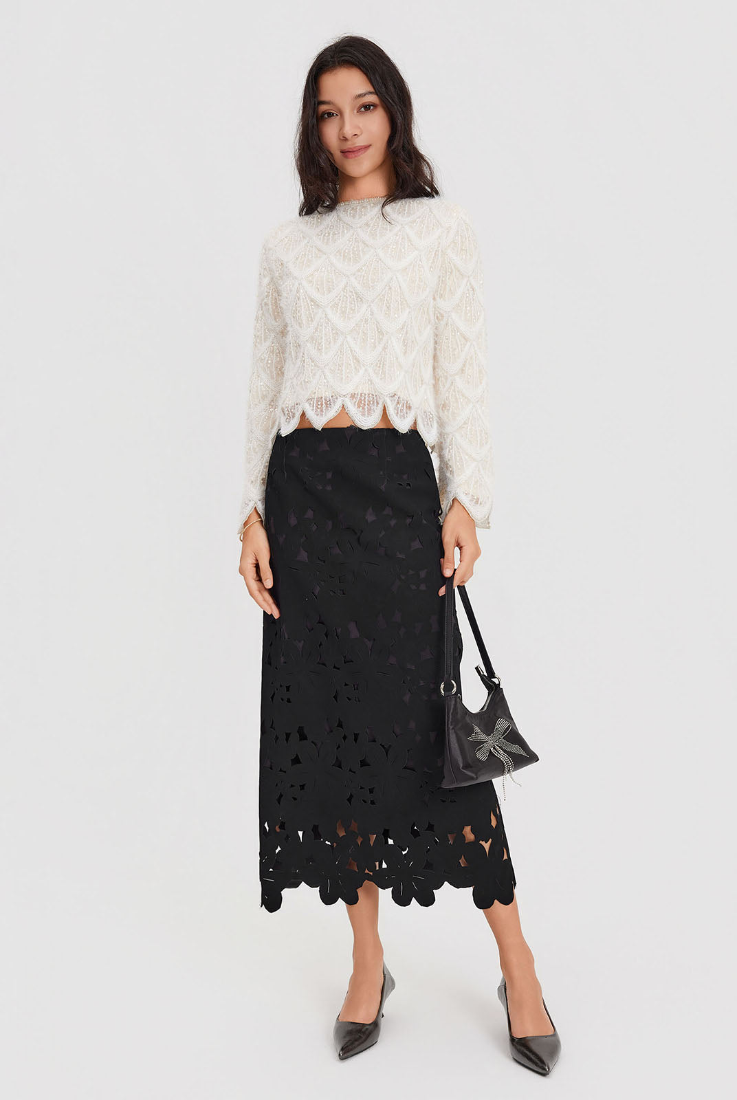 ASOBIO Feather-Trim Knit Cropped Sweater