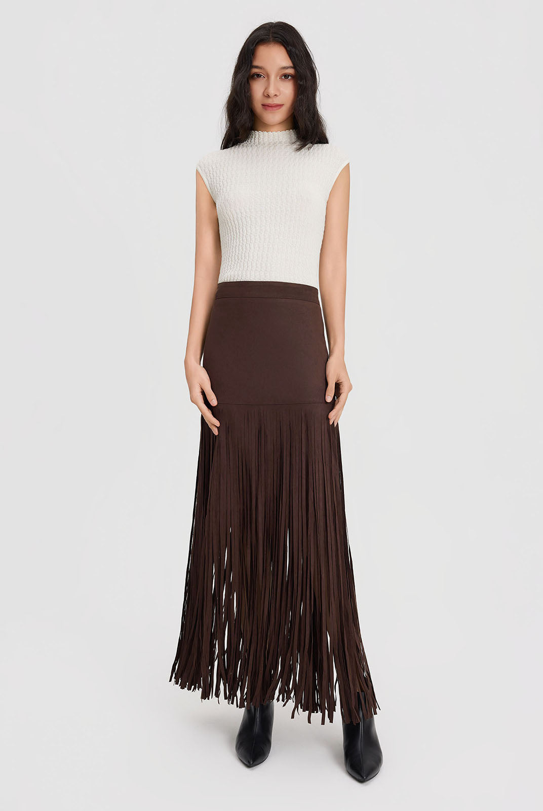 ASOBIO Mid-Rise Suede Fringe Maxi Skirt