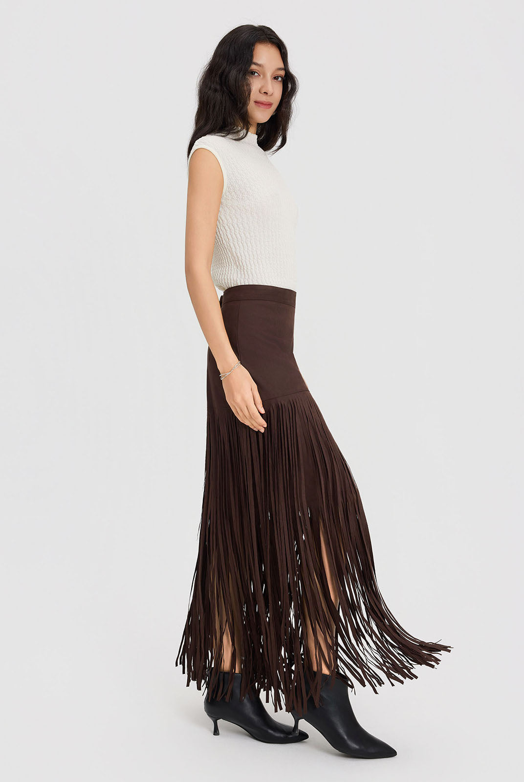 ASOBIO Mid-Rise Suede Fringe Maxi Skirt