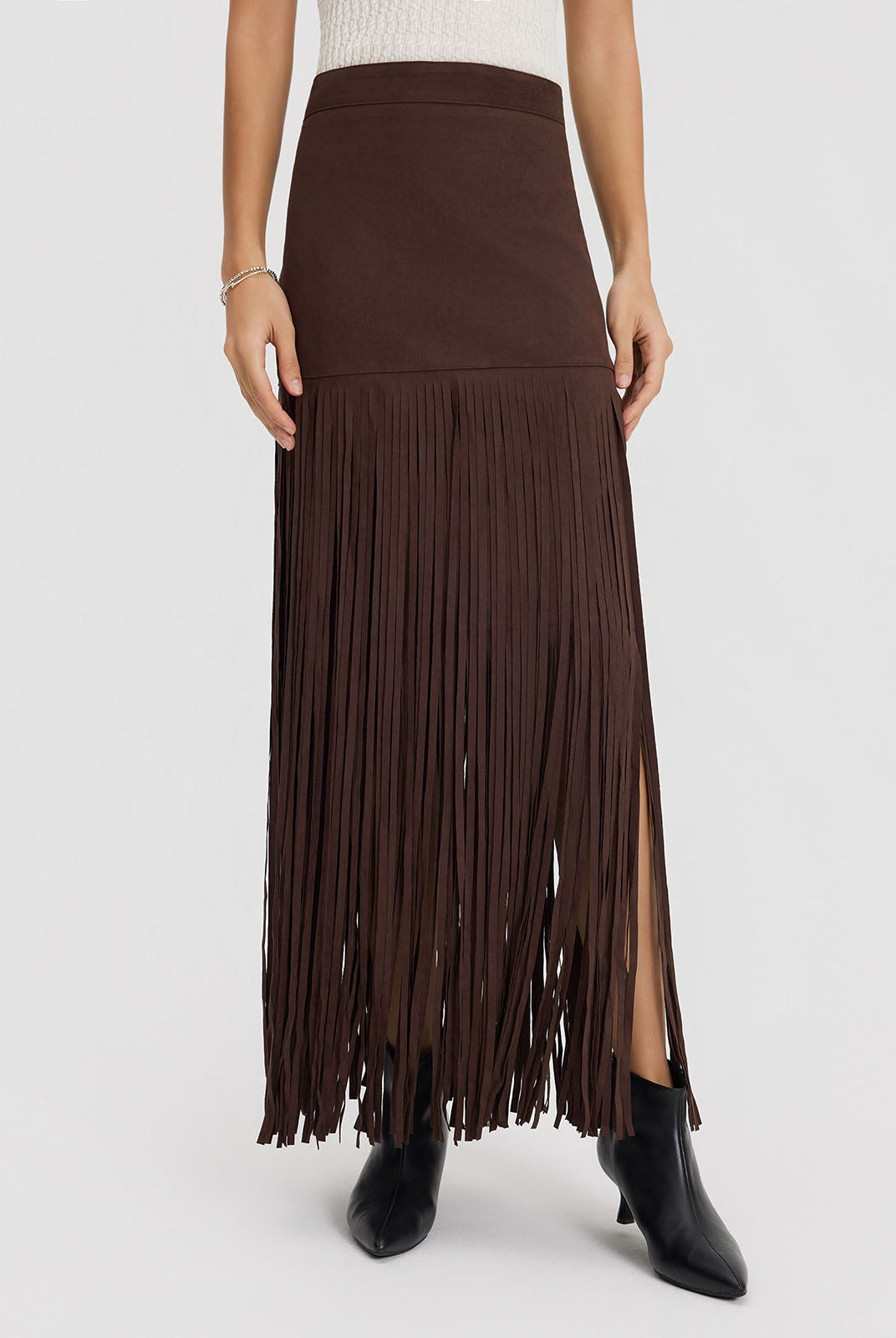 ASOBIO Mid-Rise Suede Fringe Maxi Skirt