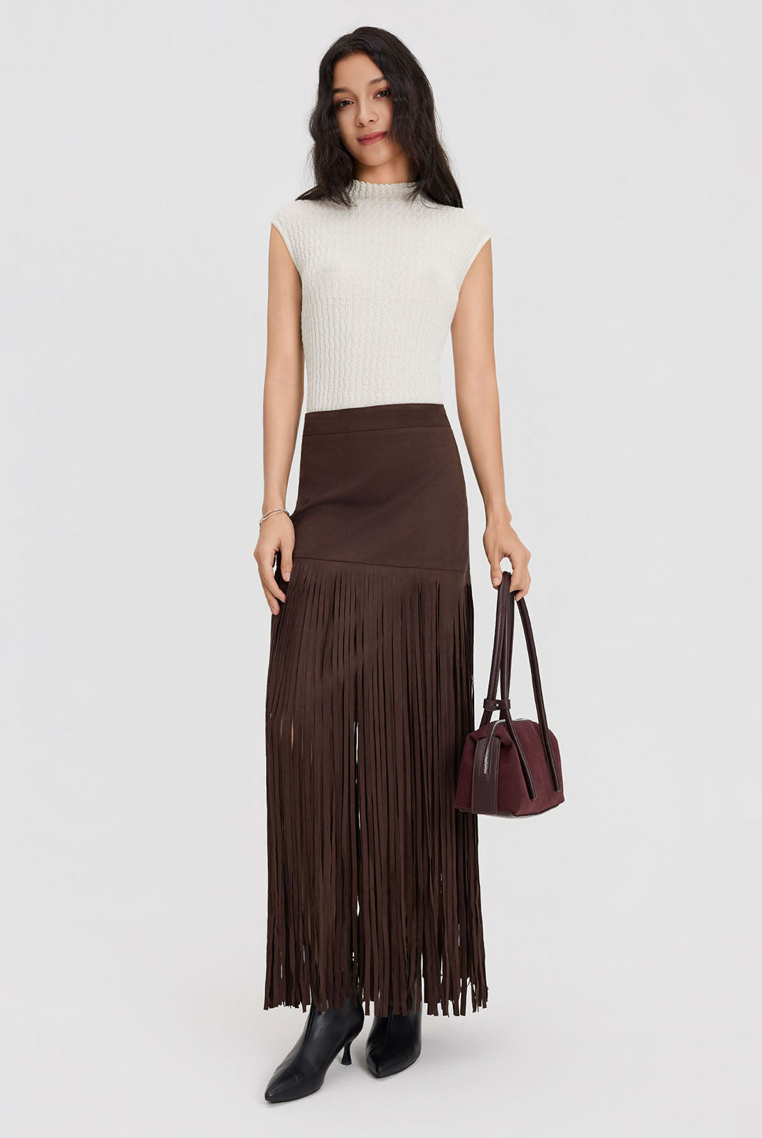 ASOBIO Mid-Rise Suede Fringe Maxi Skirt