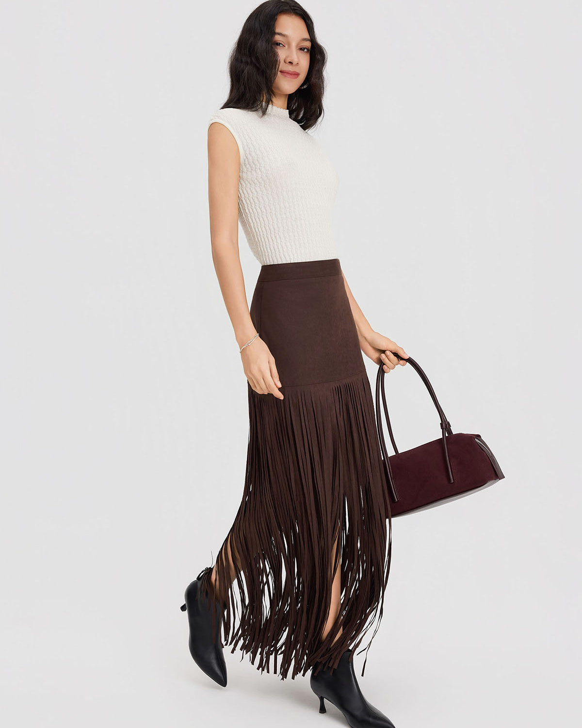 ASOBIO Mid-Rise Suede Fringe Maxi Skirt