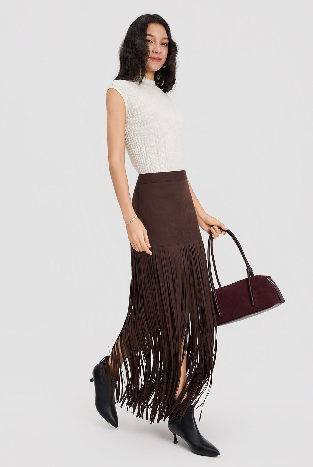 ASOBIO Mid-Rise Suede Fringe Maxi Skirt