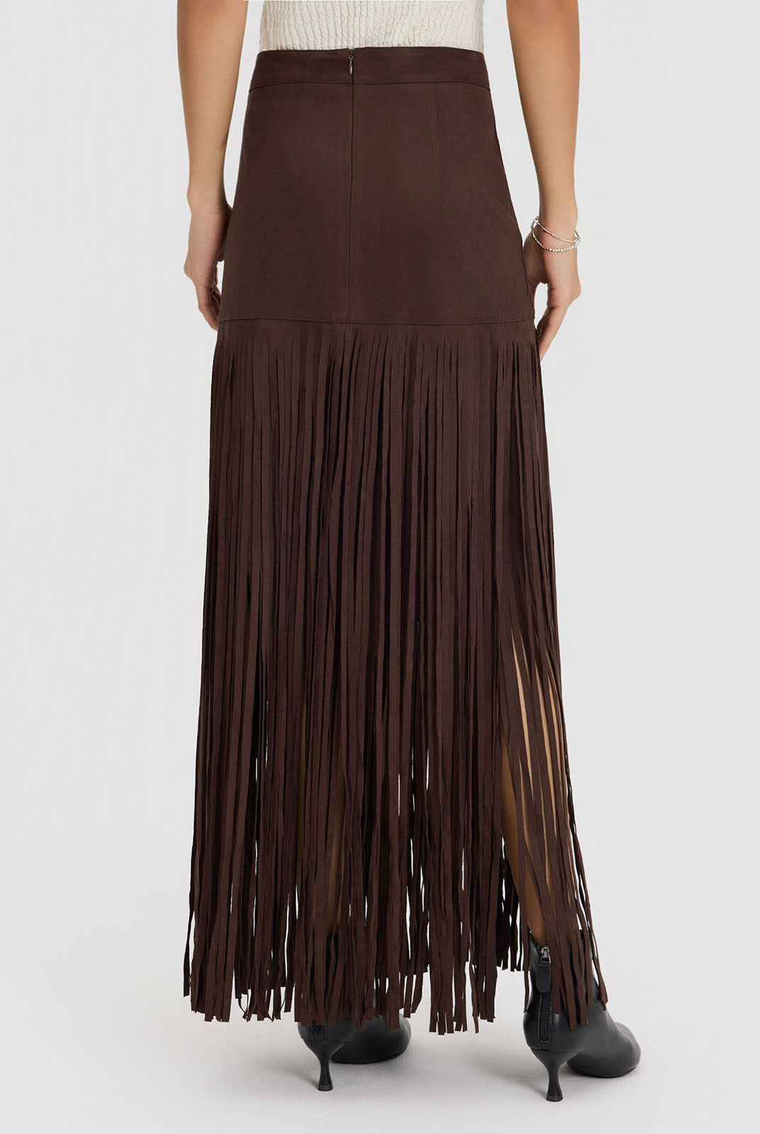 ASOBIO Mid-Rise Suede Fringe Maxi Skirt