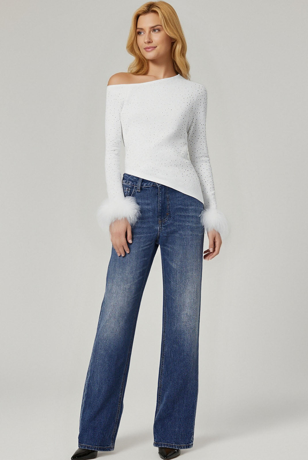 ASOBIO One-Shoulder Crystal Knit Sweater with Feather Cuffs