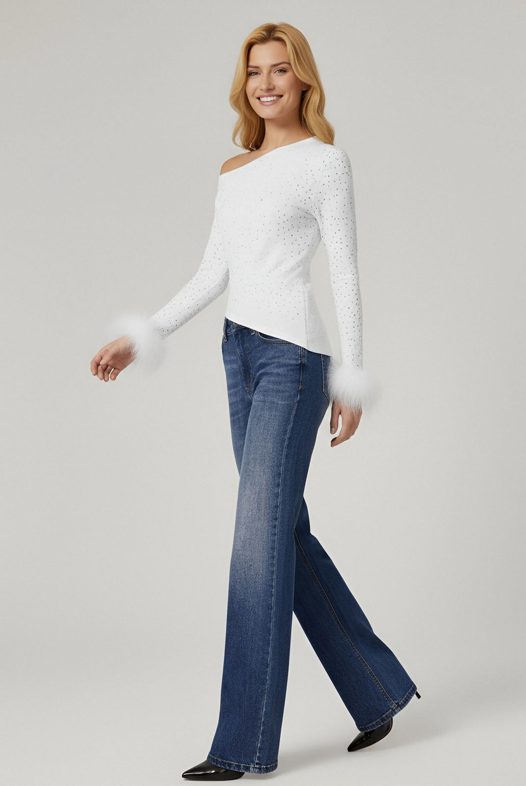ASOBIO One-Shoulder Crystal Knit Sweater with Feather Cuffs