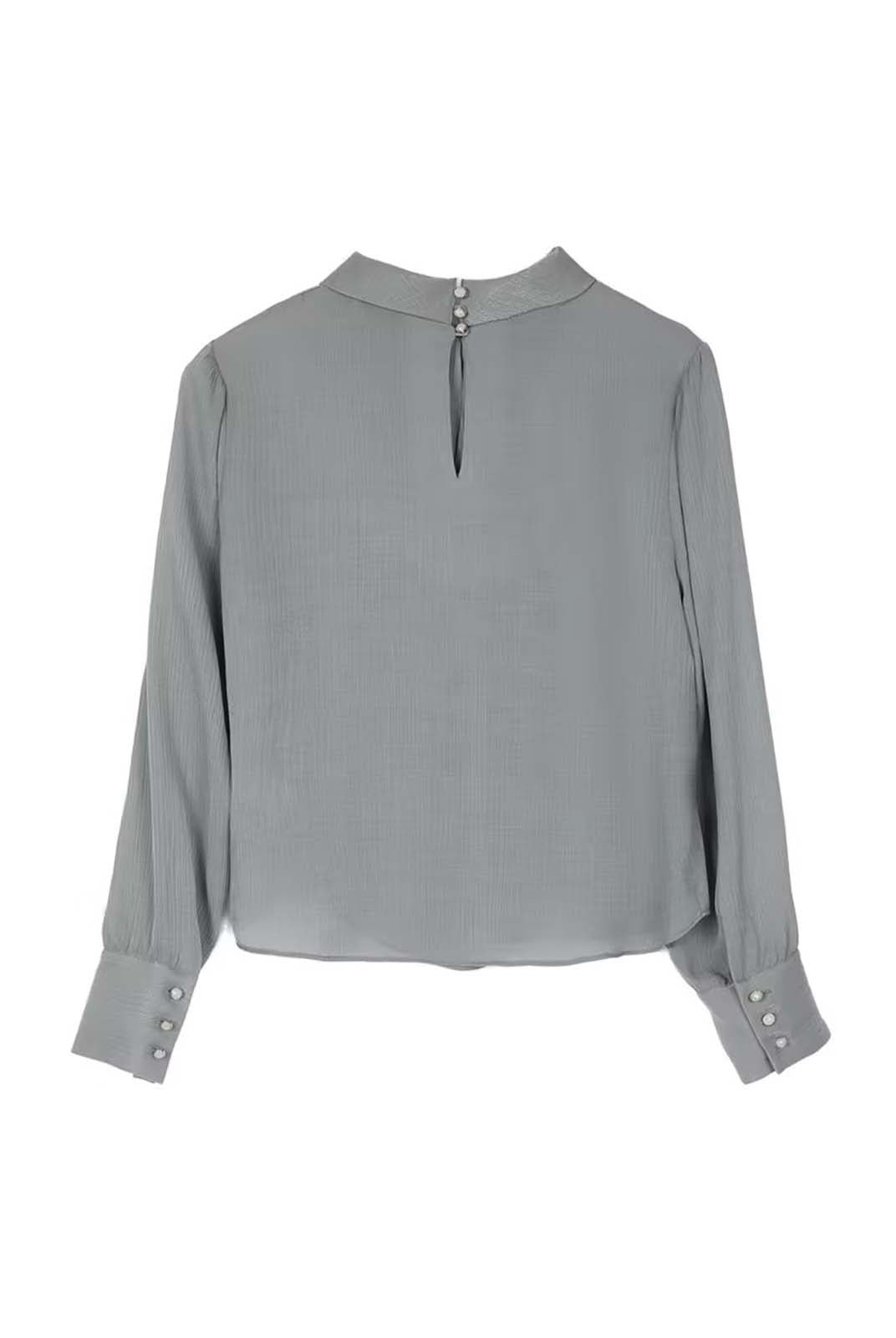 ASOBIO Long-Sleeve Pleated Stand Collar Textured Blouse