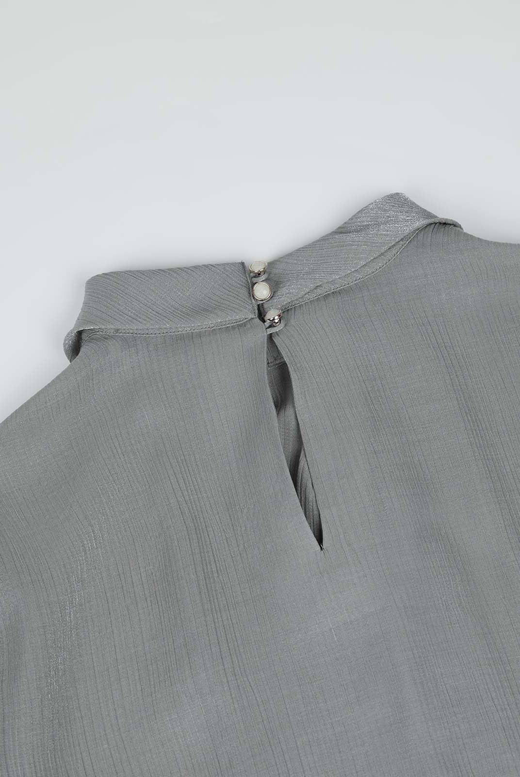 ASOBIO Long-Sleeve Pleated Stand Collar Textured Blouse