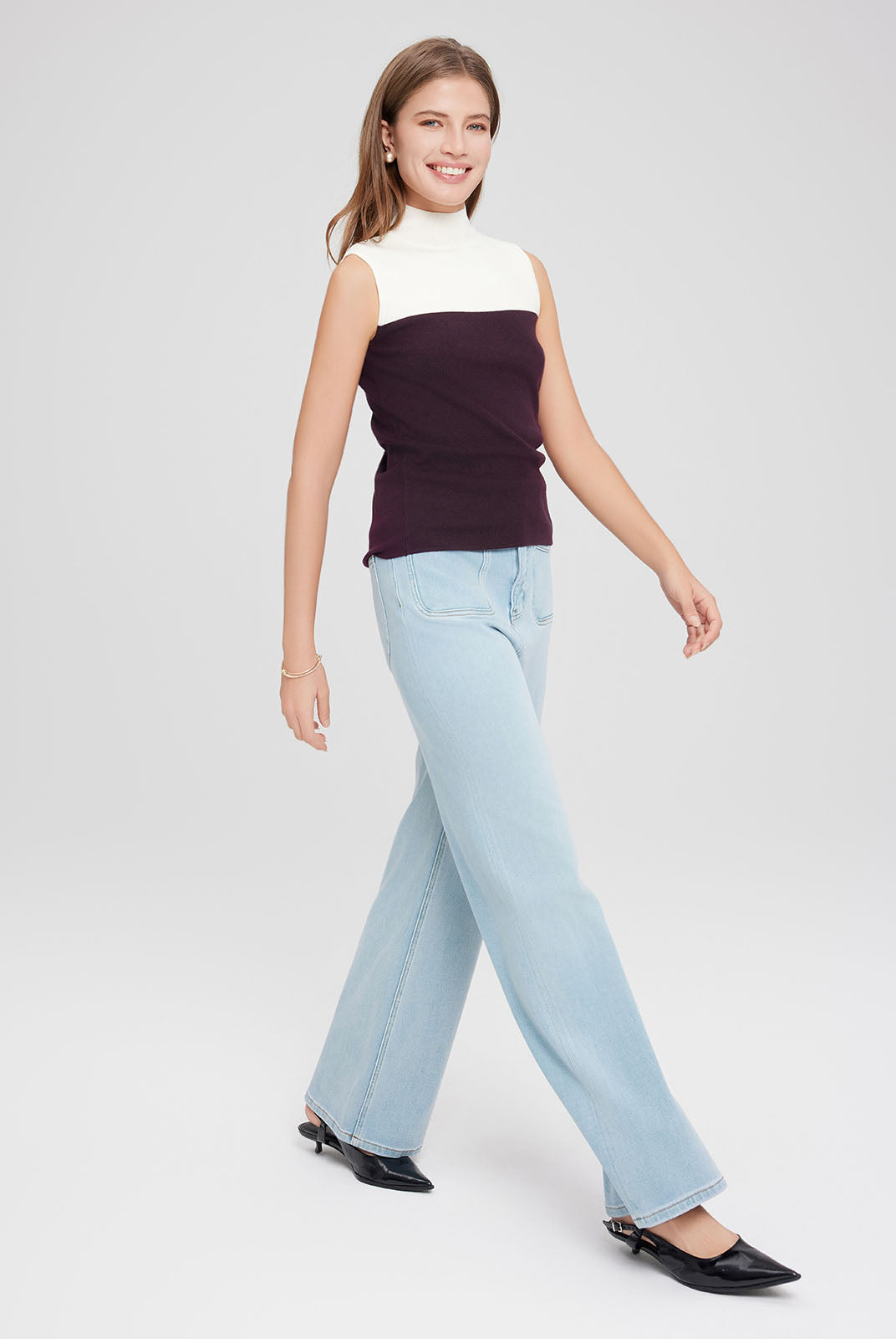 ASOBIO Wool Blend Colorblock Mockneck Knit Top