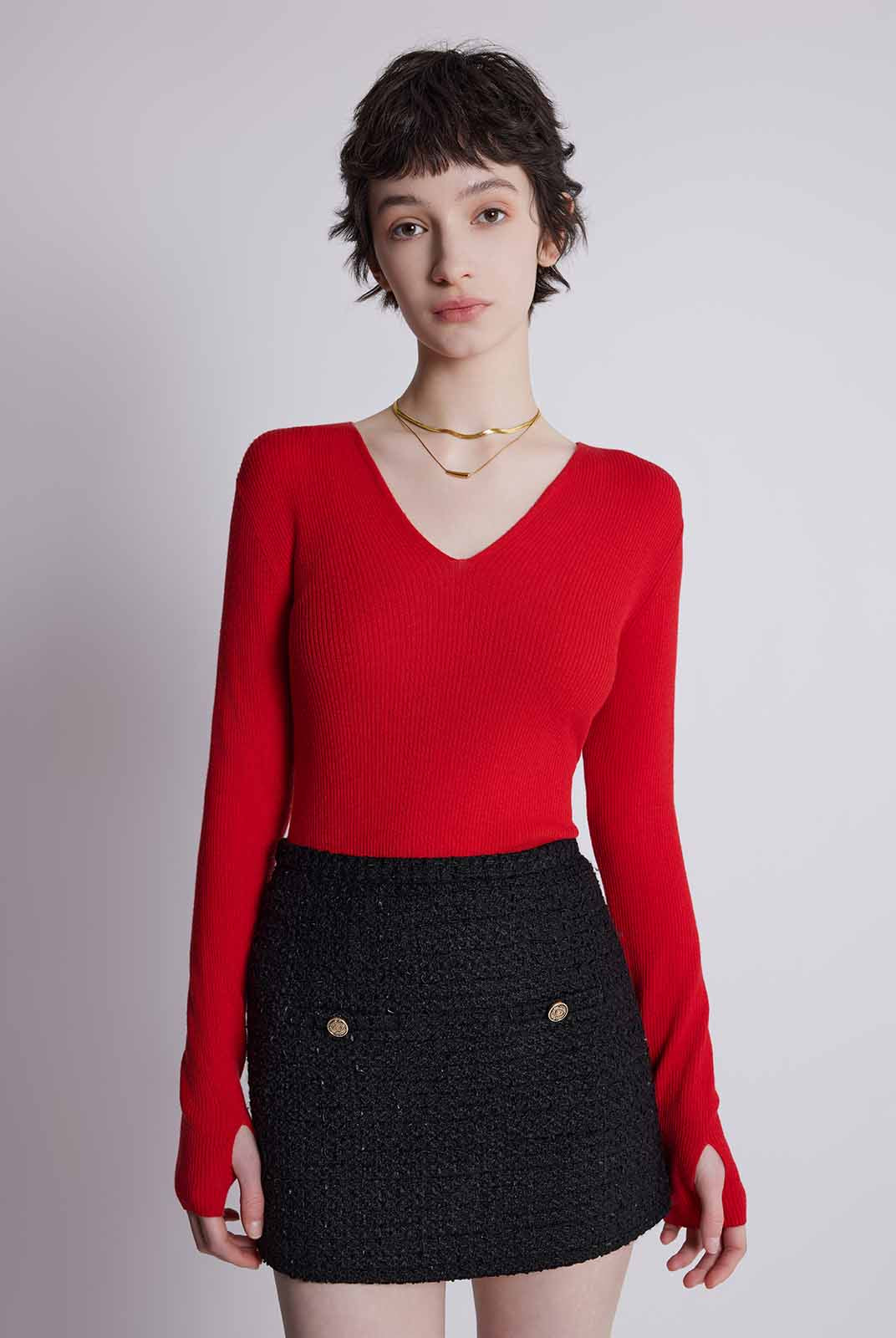 Lightweight merino V-Neck Ribbed Wool Knit Top