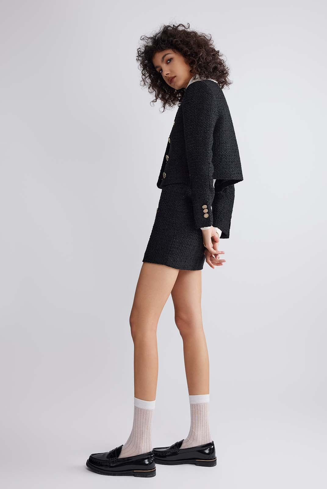 ASOBIO Double-Breasted Cropped Tweed Jacket