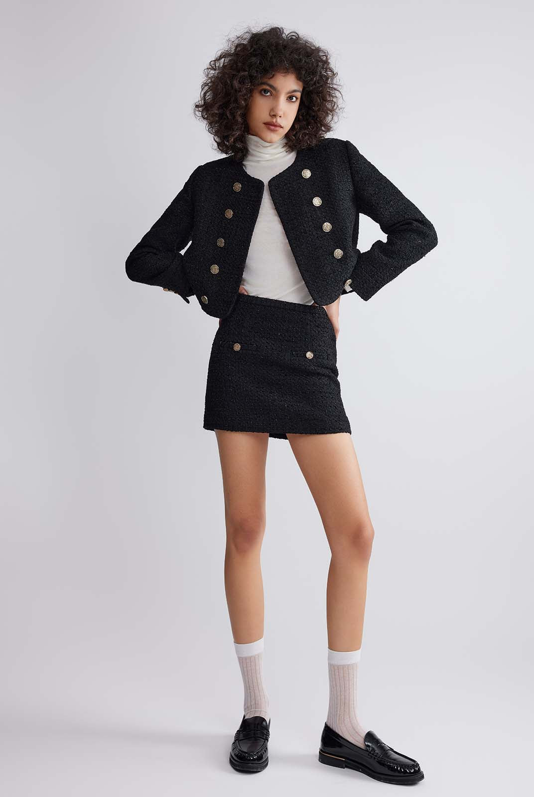 ASOBIO Double-Breasted Cropped Tweed Jacket