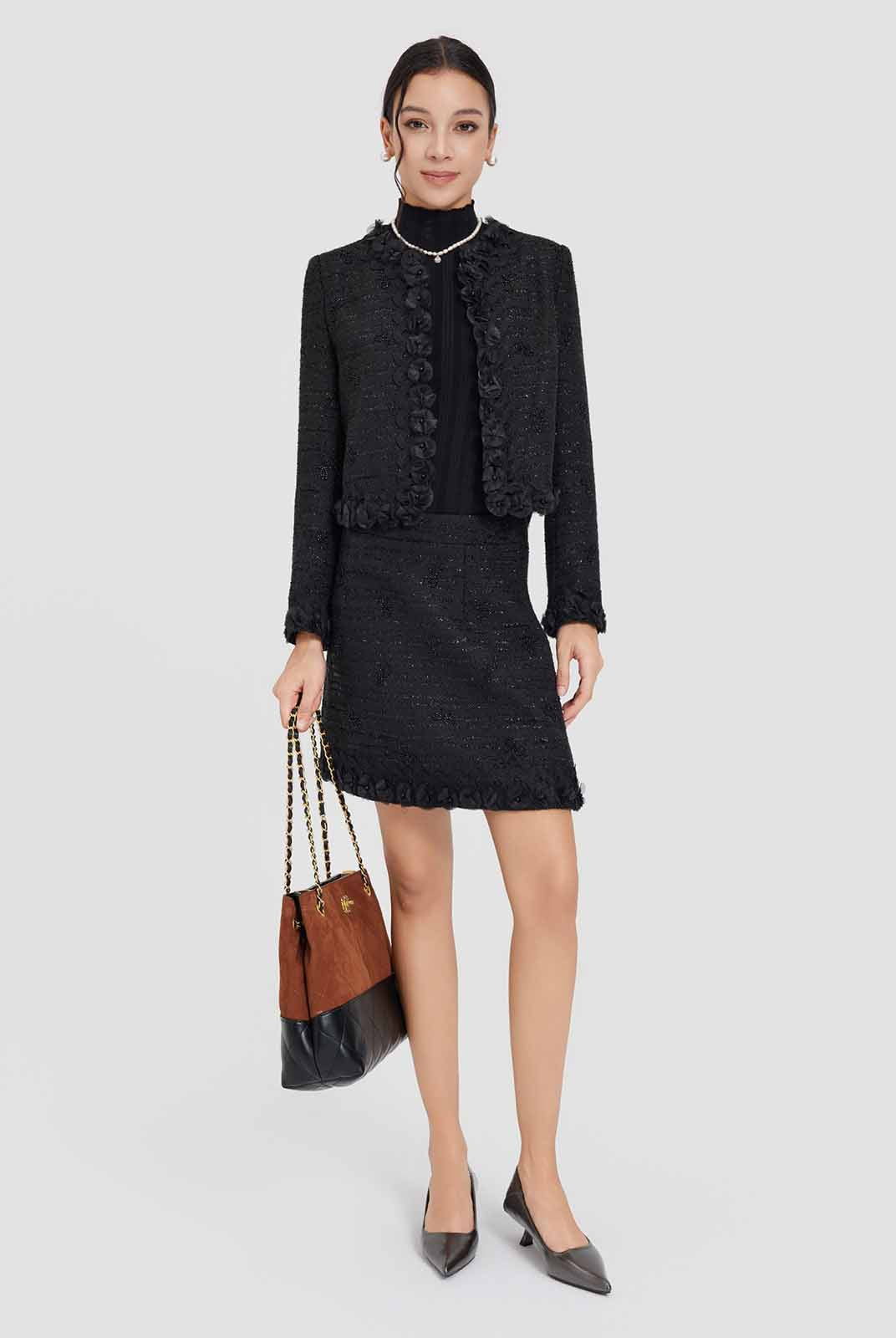 ASOBIO Tweed Mini Skirt with Floral Trim