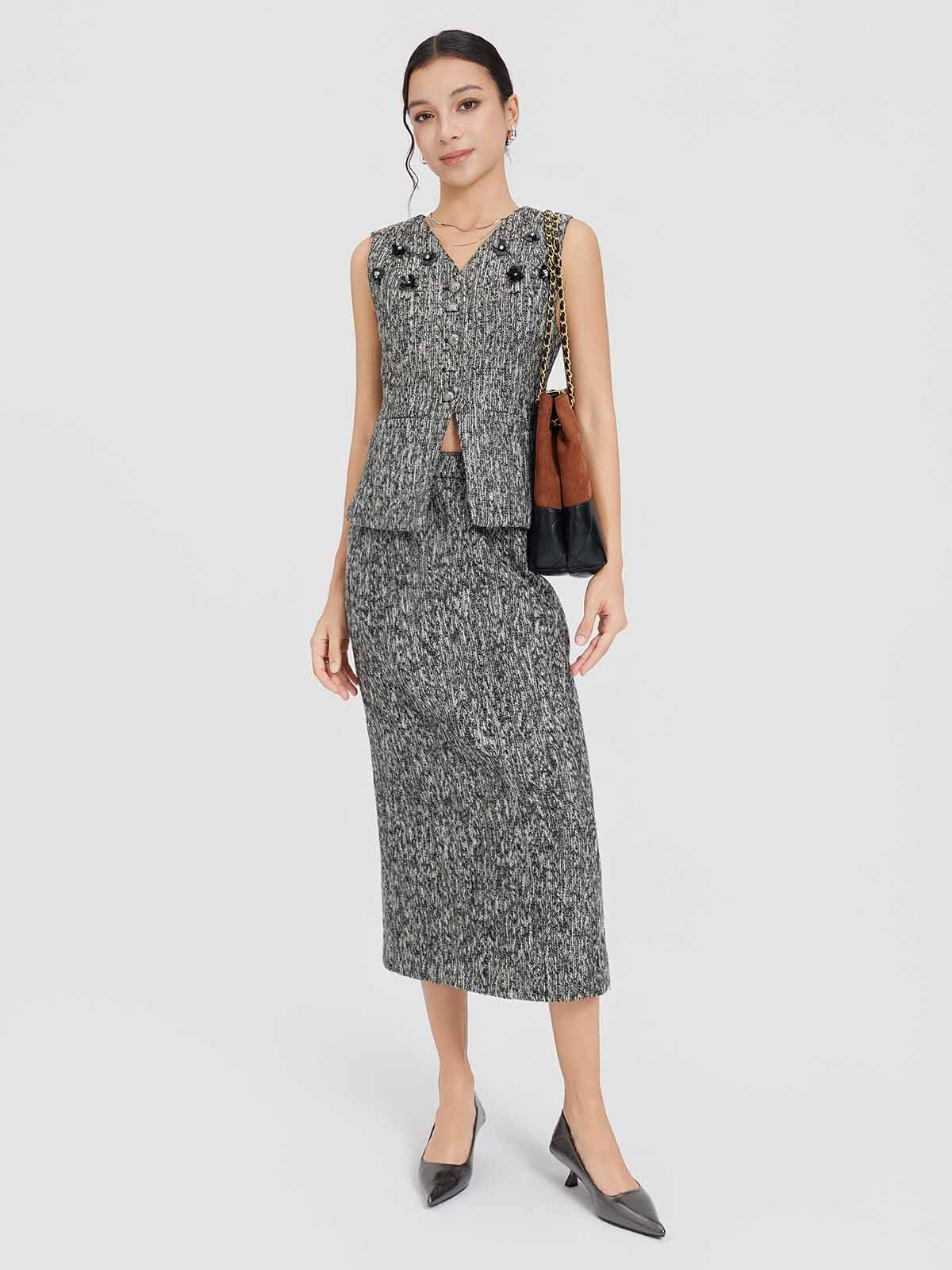 ASOBIO Tweed High-Waist Midi Skirt