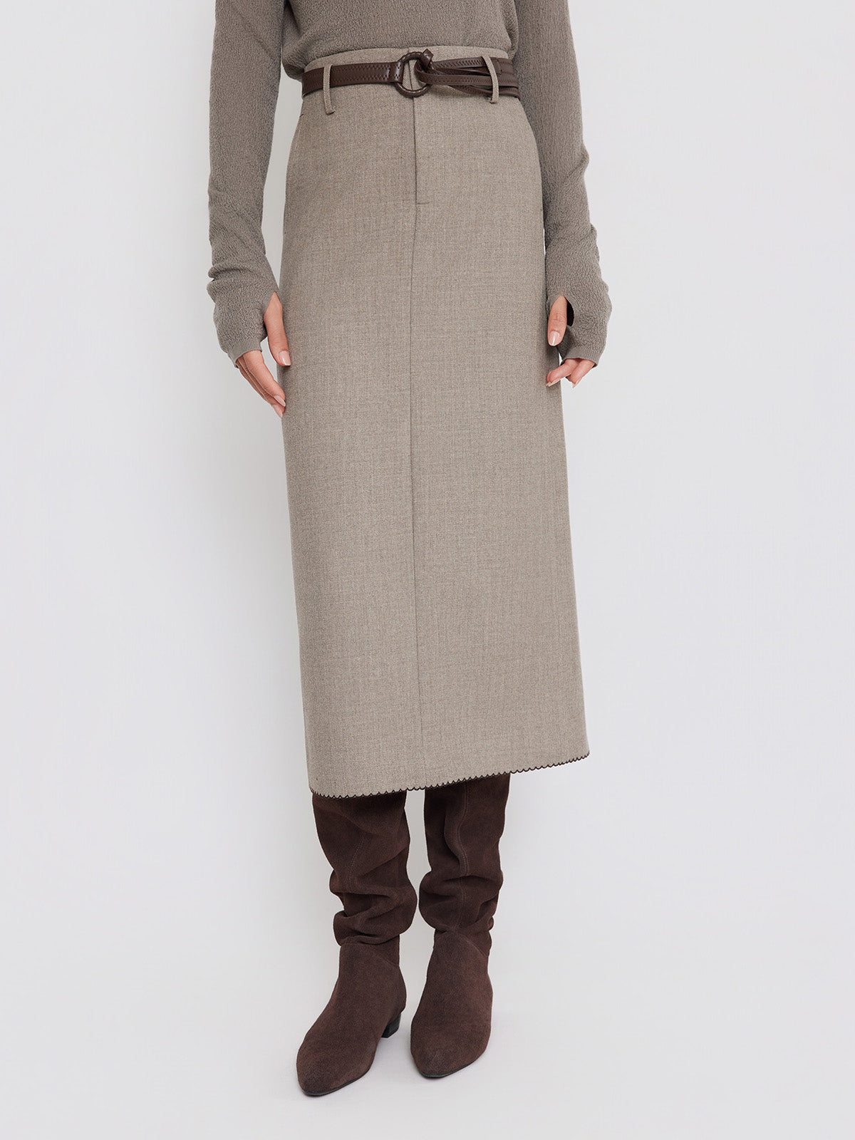 ASOBIO High-Waist Belted Midi Skirt