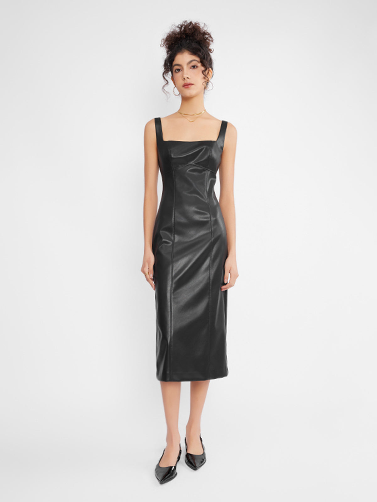 ASOBIO Square Neck Faux Leather Midi Dress