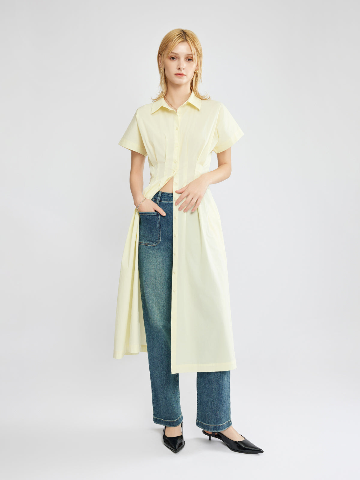 Button-Front Pleated Midi Shirt Dress