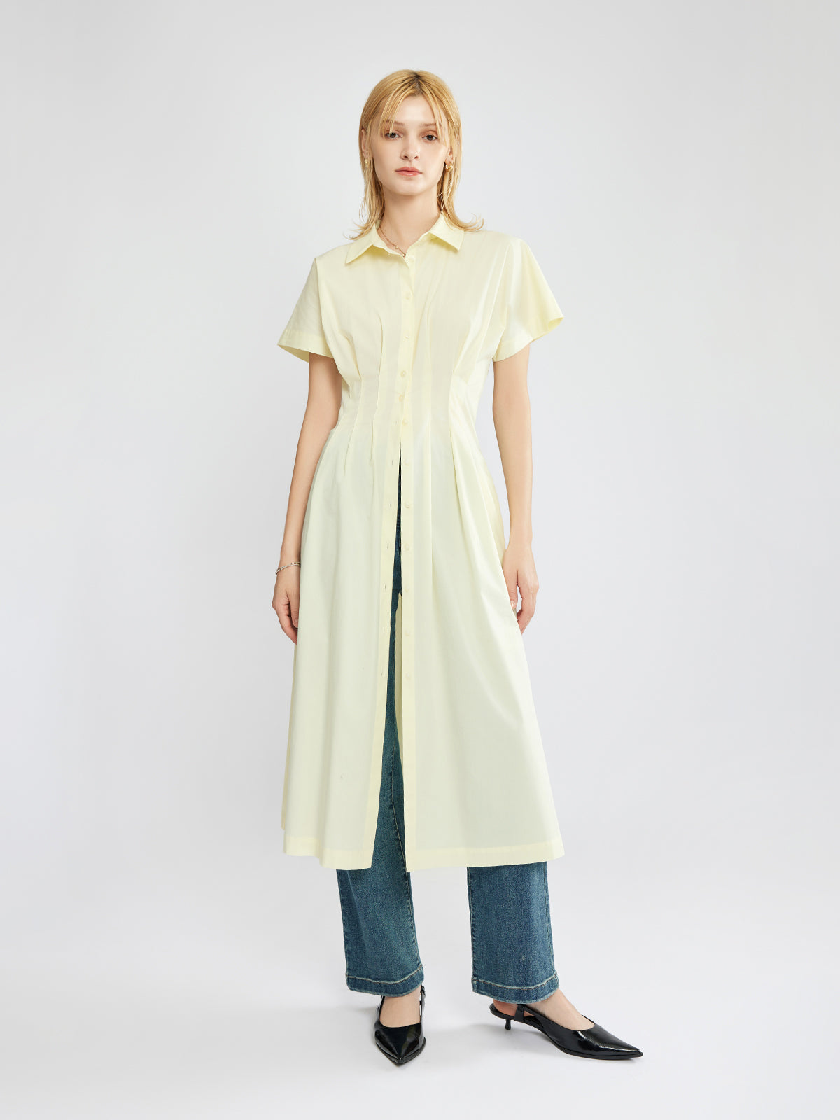 Button-Front Pleated Midi Shirt Dress