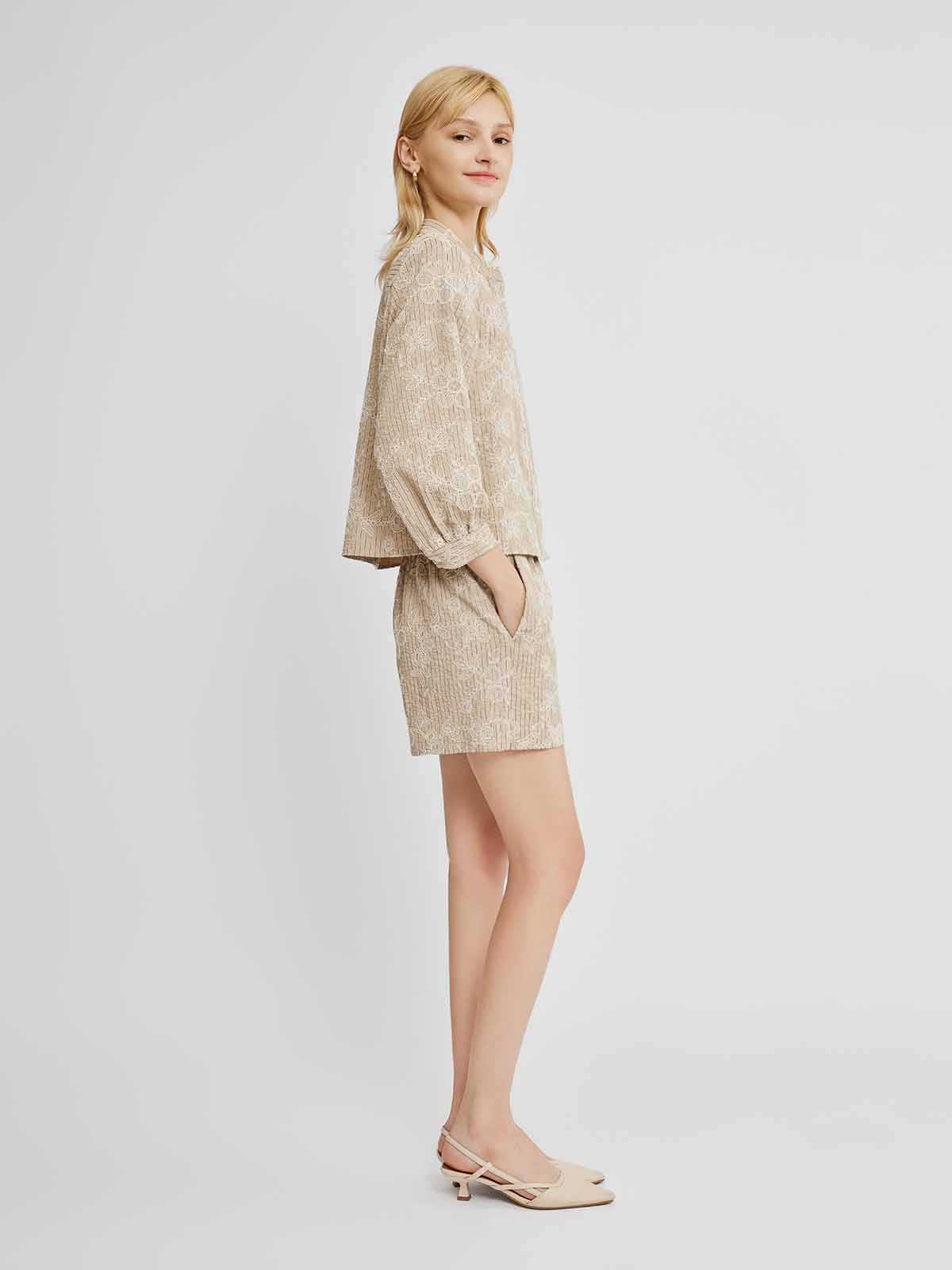 Stand-Collar Puff-Sleeve Shirt