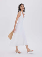 Linen Halter V-Neck Midi Dress
