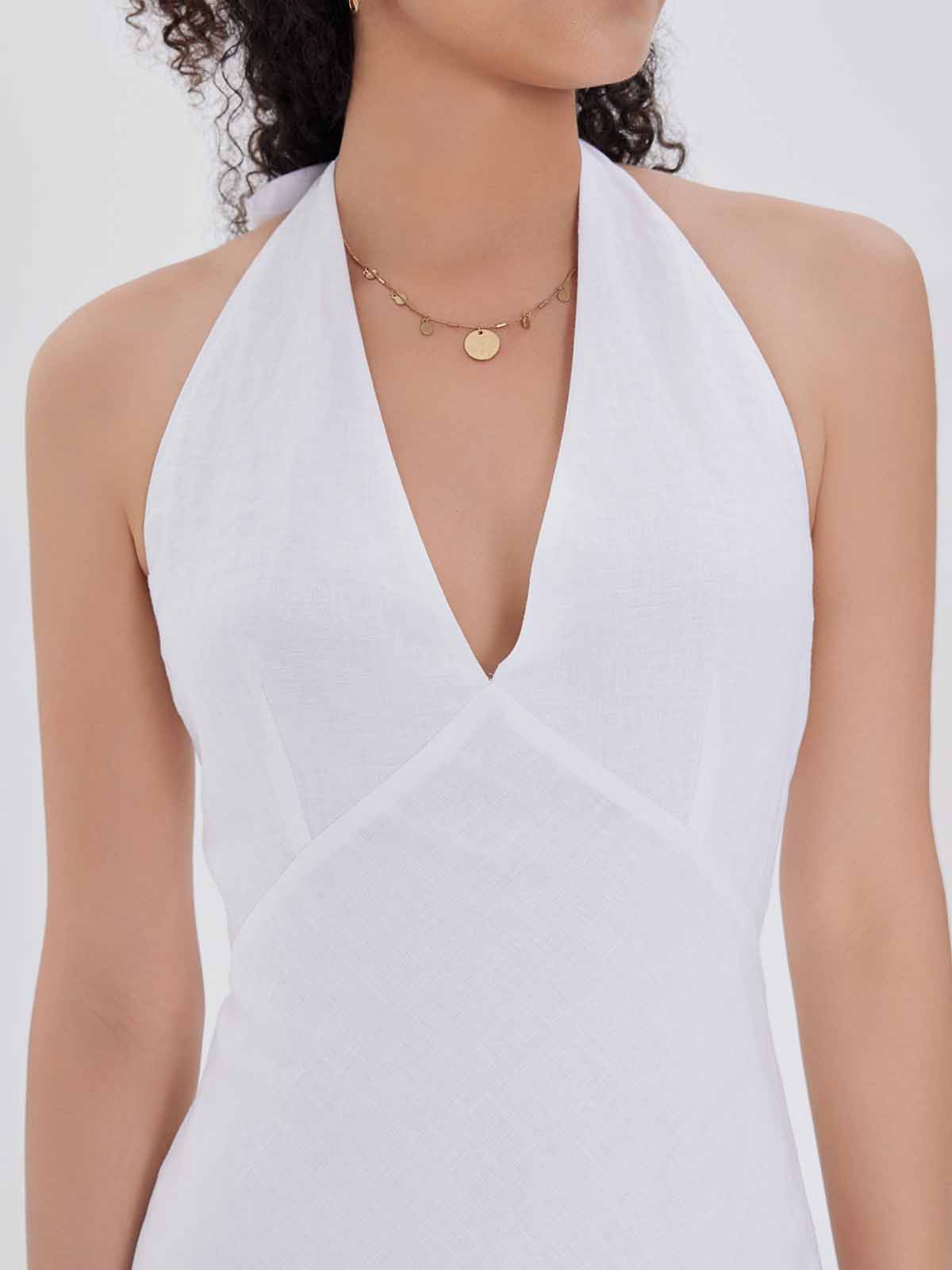 Linen Halter V-Neck Midi Dress