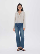  Ruffle Tie-Neck Long-Sleeve Blouse