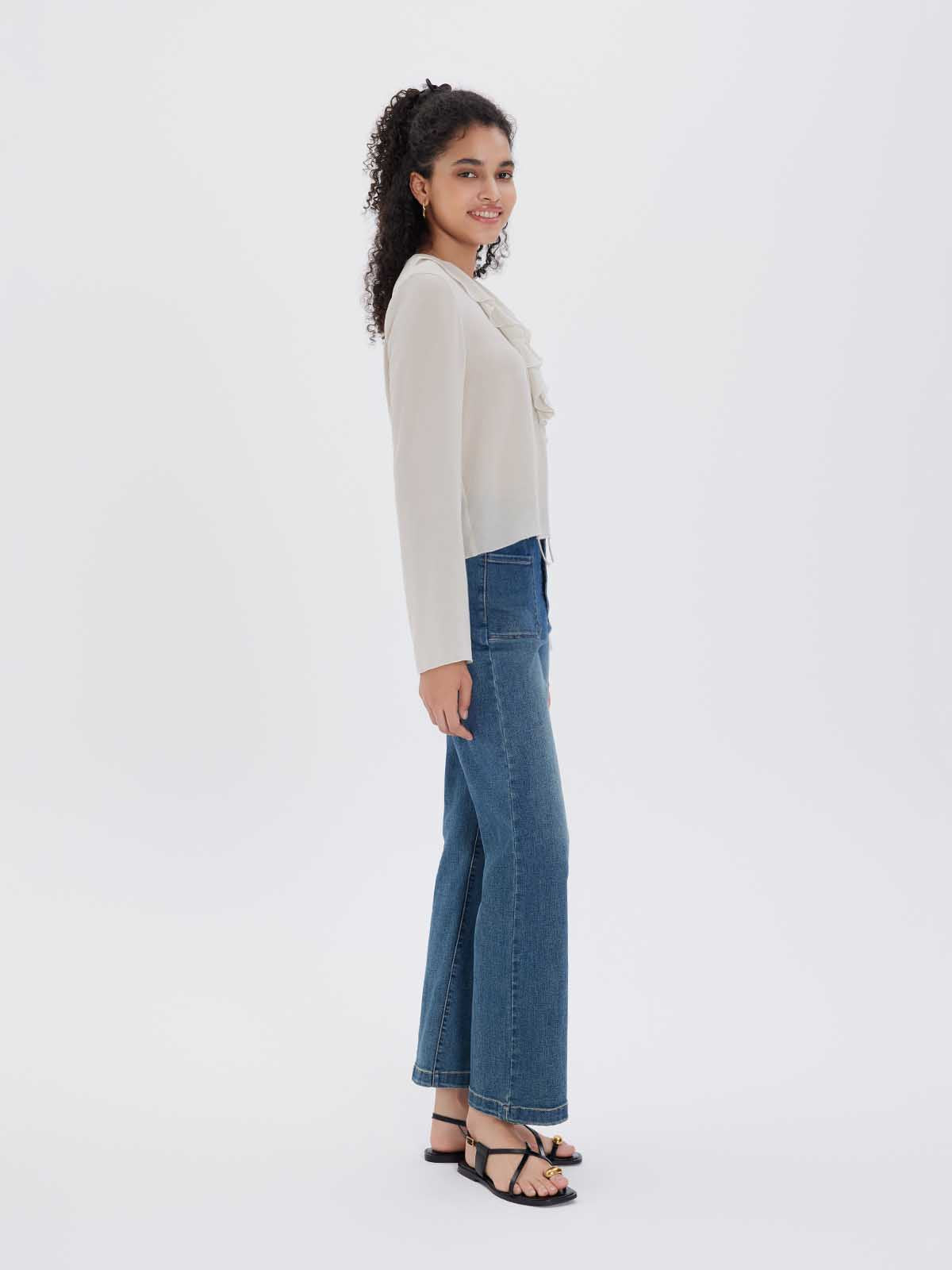  Ruffle Tie-Neck Long-Sleeve Blouse