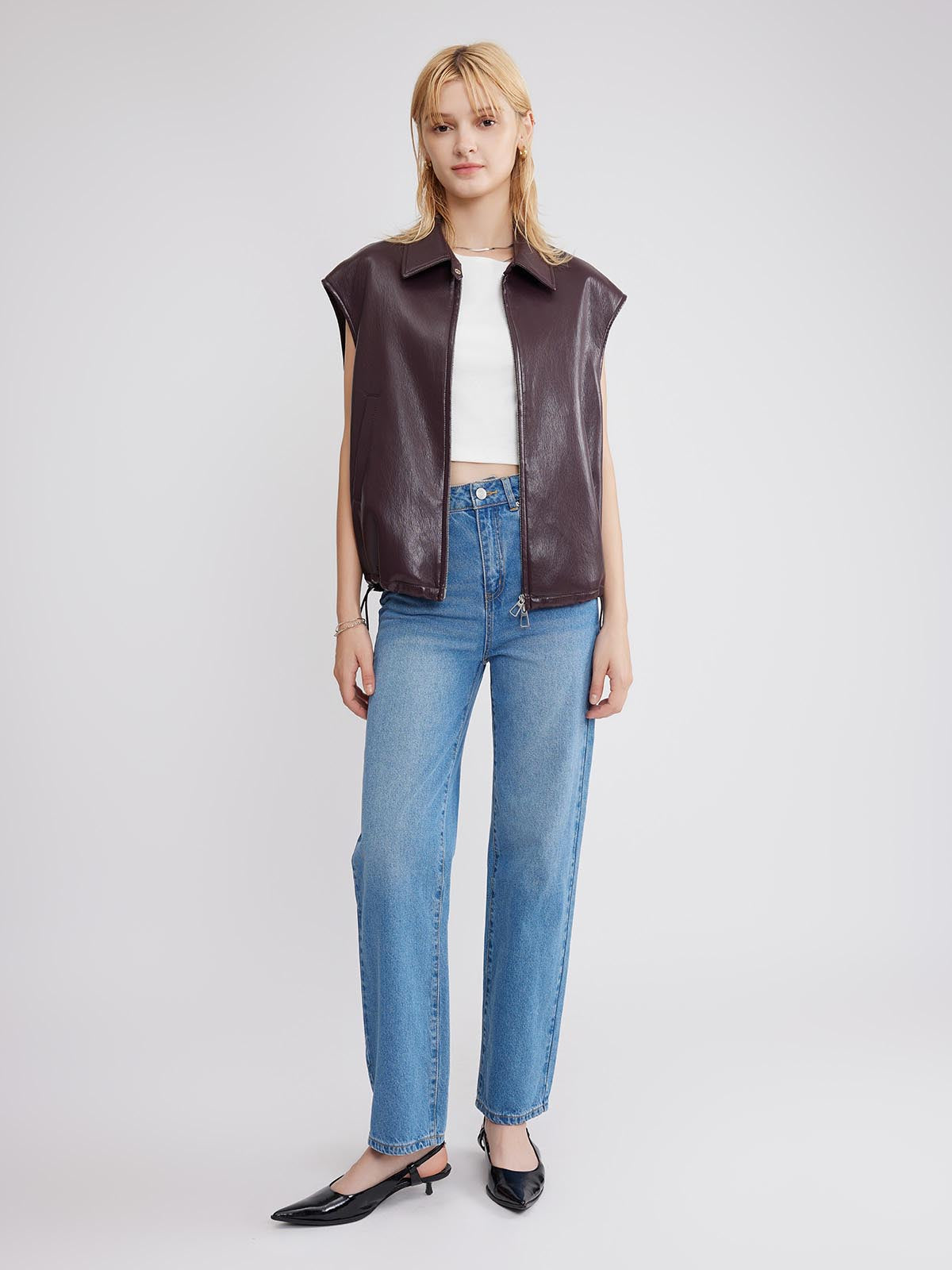 ASOBIO Faux Leather Collared Vest