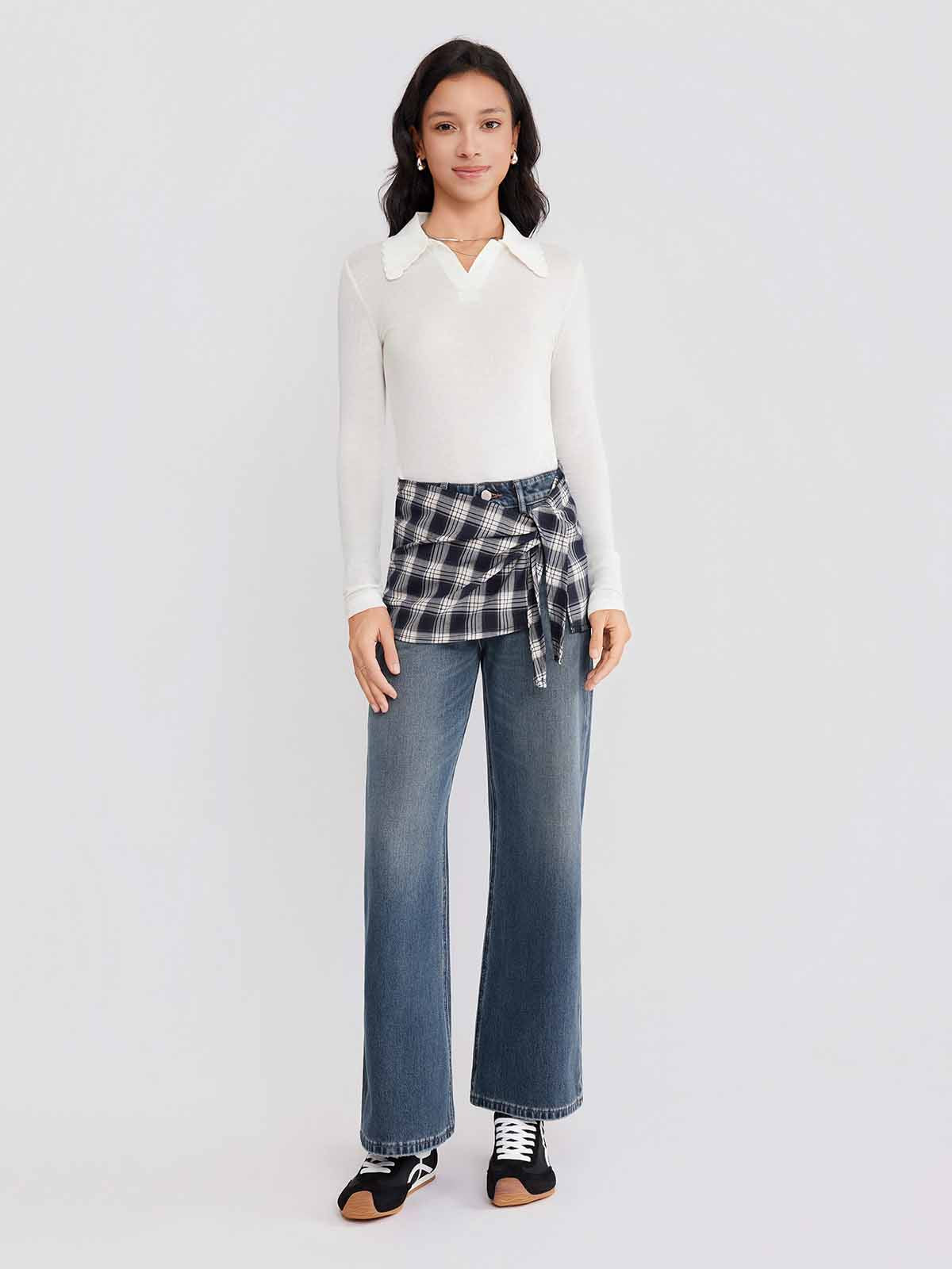 ASOBIO Plaid Tie-Detail Jeans