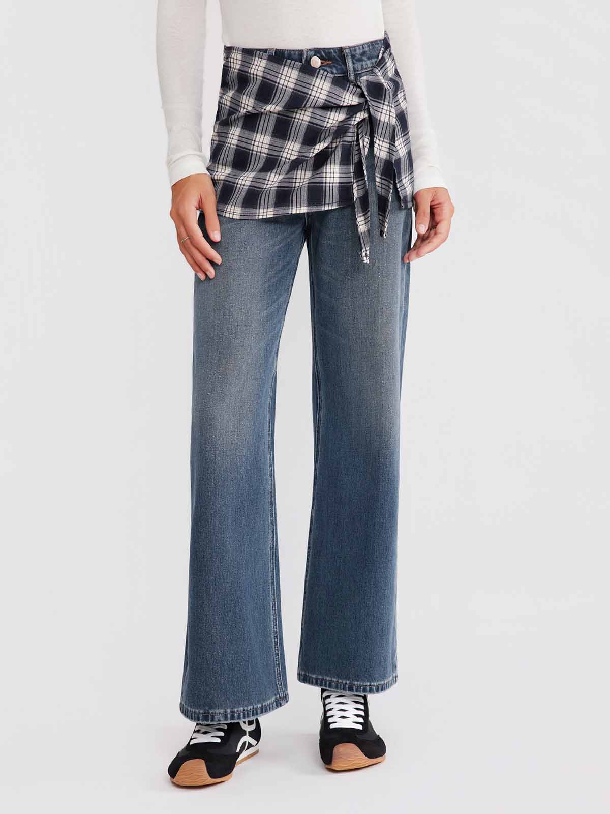 ASOBIO Plaid Tie-Detail Jeans