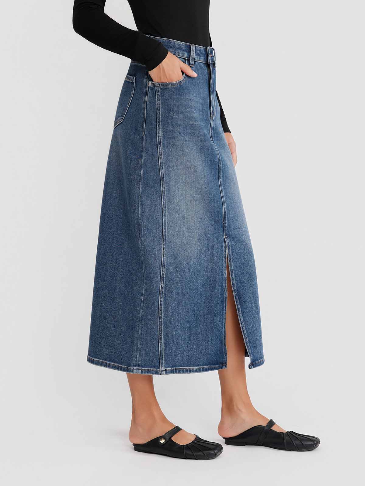 ASOBIO Stretch Denim Slit Midi Skirt