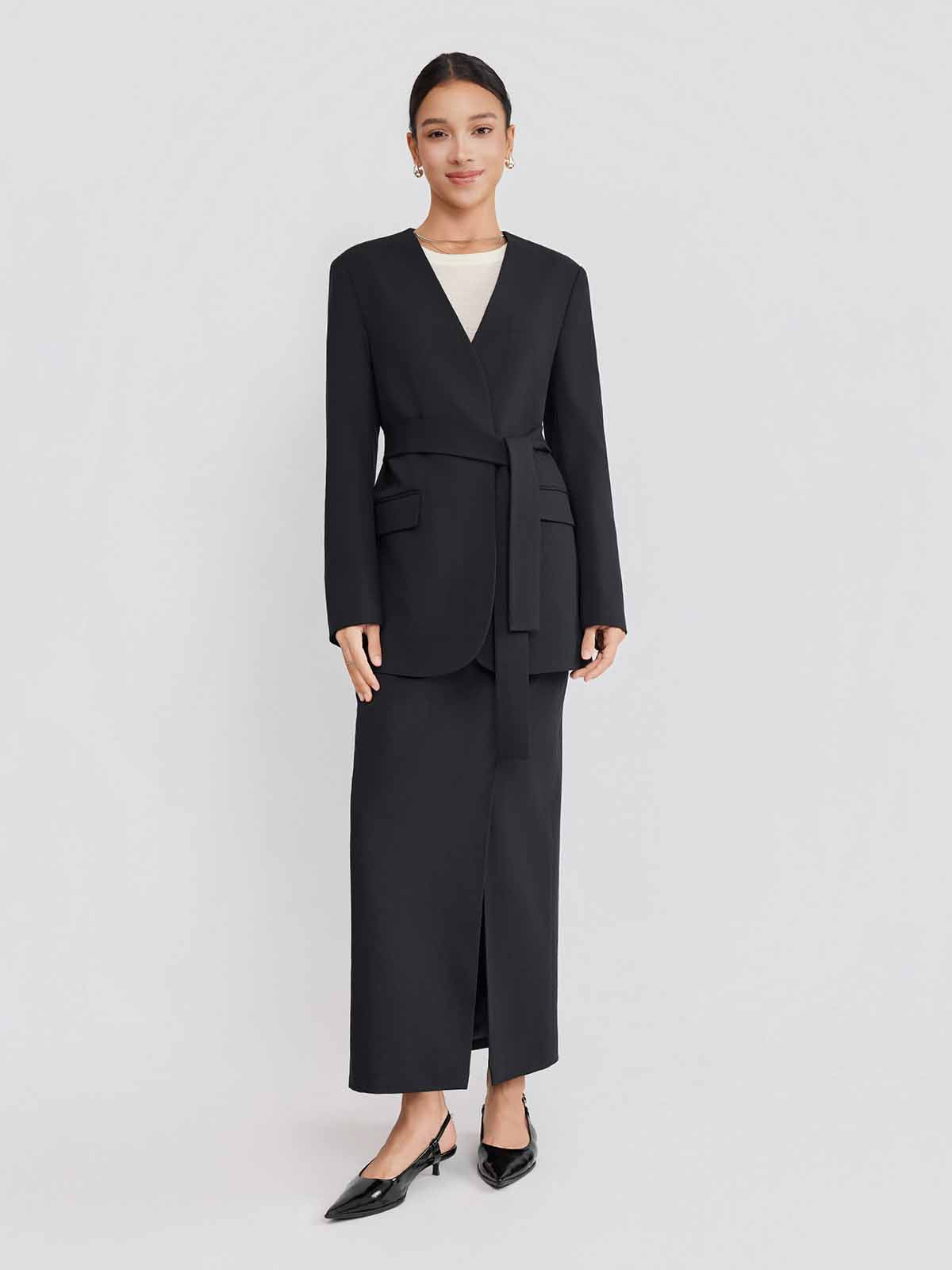 ASOBIO Belted V-Neck Structured Blazer