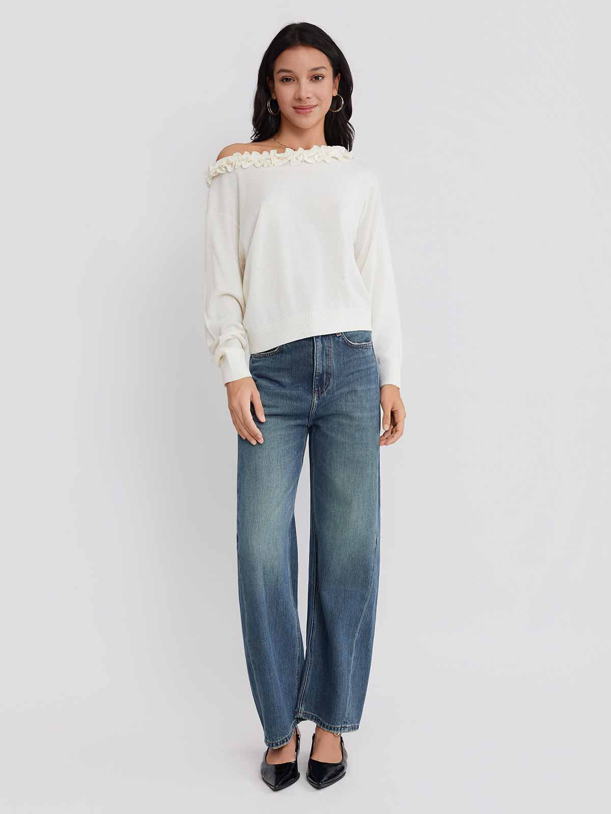 ASOBIO Wool Blend Ruffled Pullover Sweater