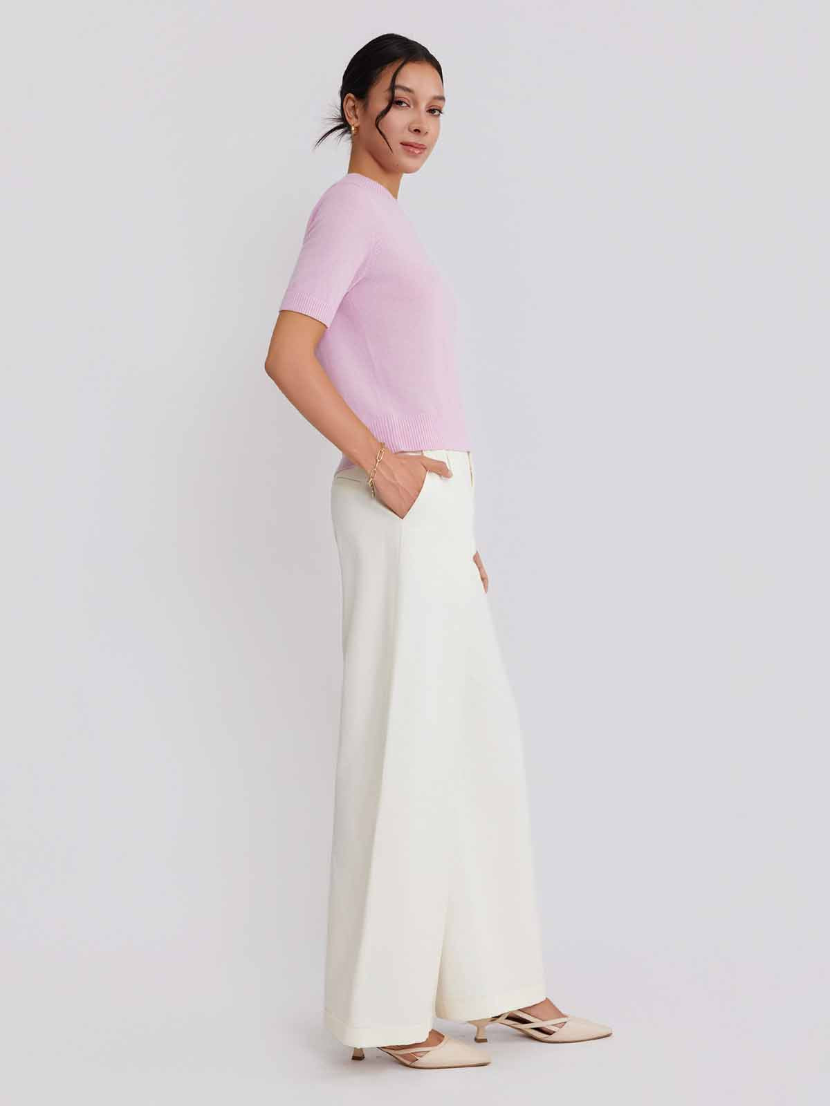 ASOBIO Wool-Cashmere Short-Sleeve Pullover Sweater