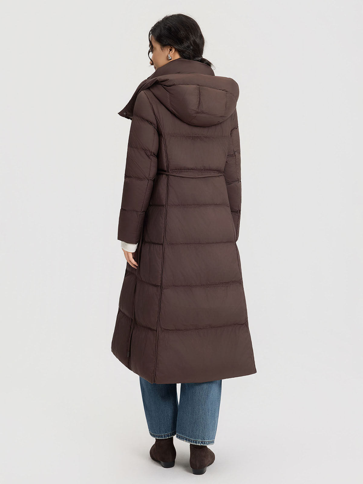 ASOBIO Belted Long Hooded Goose Down Puffer